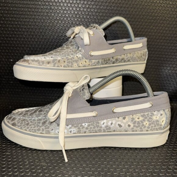 Sperry Top Sider White Gray Silver Leopard Canvas Lace Up Boat Shoes Size 9M - Picture 1 of 8